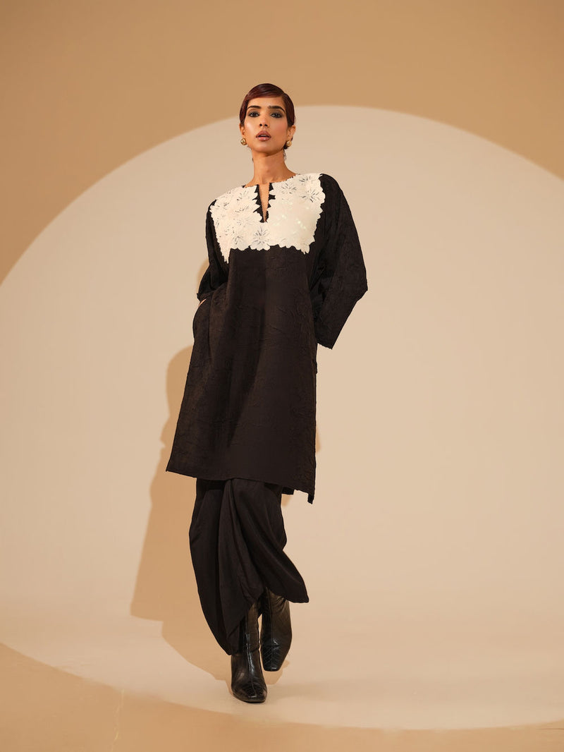 Beam Tunic-Black + Natural crushed silk tunics/kaftan by Stoique in black, natural for women Worldwide