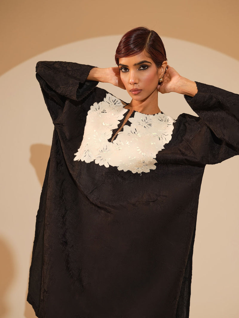 Beam Tunic-Black + Natural crushed silk tunics/kaftan by Stoique in black, natural for women Worldwide