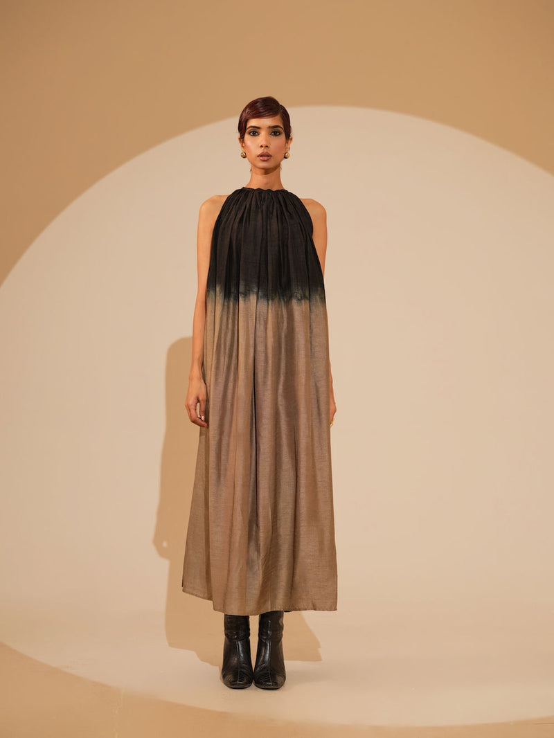 Retain Dress-Black + Grey mysore silk dress by Stoique in black, grey for women Worldwide