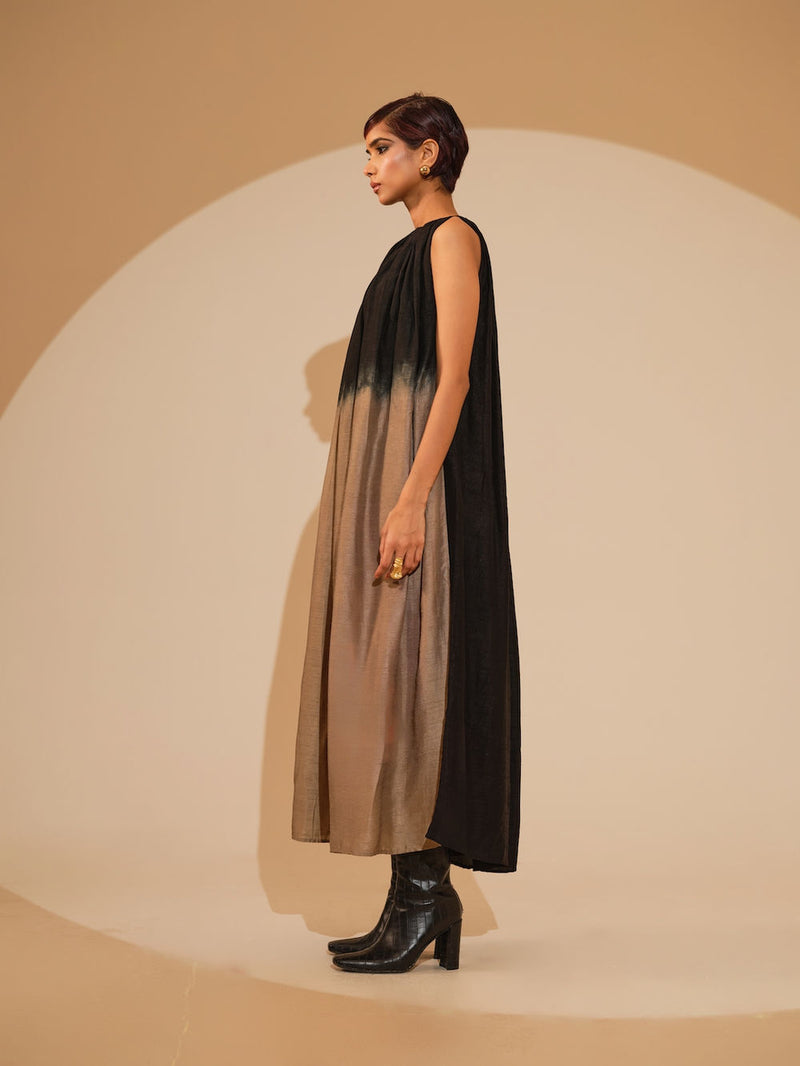 Retain Dress-Black + Grey mysore silk dress by Stoique in black, grey for women Worldwide