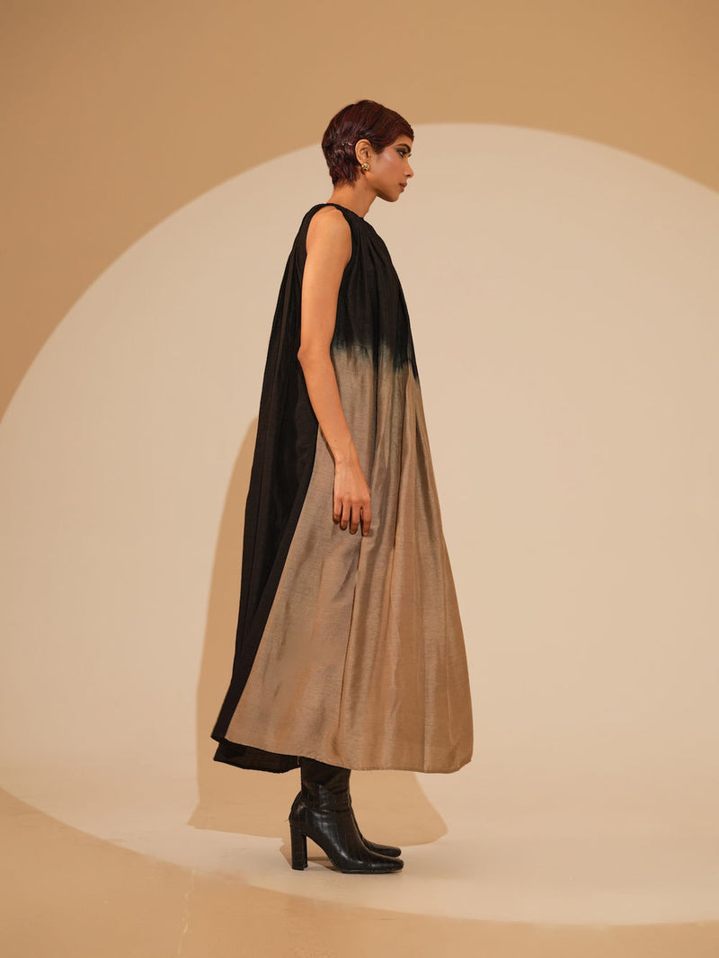 Retain Dress-Black + Grey mysore silk dress by Stoique in black, grey for women Worldwide