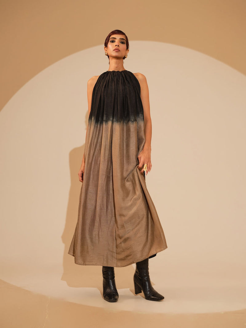 Retain Dress-Black + Grey mysore silk dress by Stoique in black, grey for women Worldwide