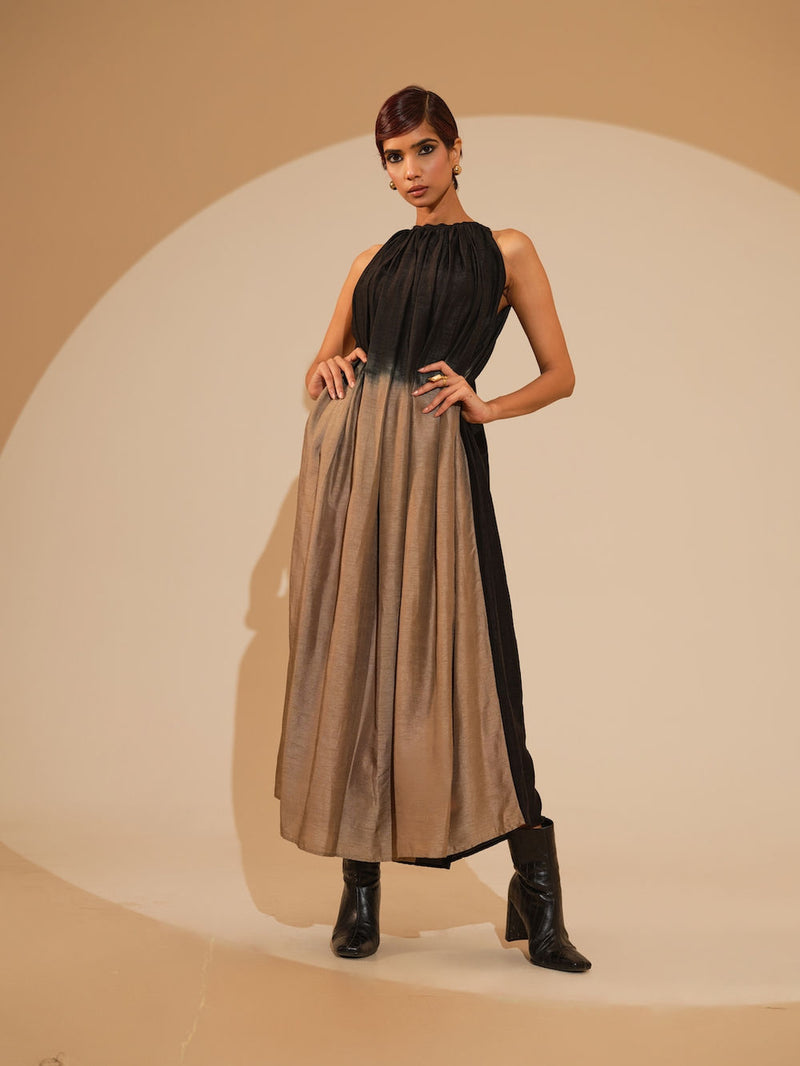 Retain Dress-Black + Grey mysore silk dress by Stoique in black, grey for women Worldwide