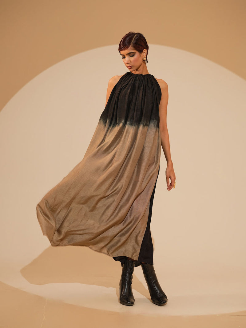 Retain Dress-Black + Grey mysore silk dress by Stoique in black, grey for women Worldwide
