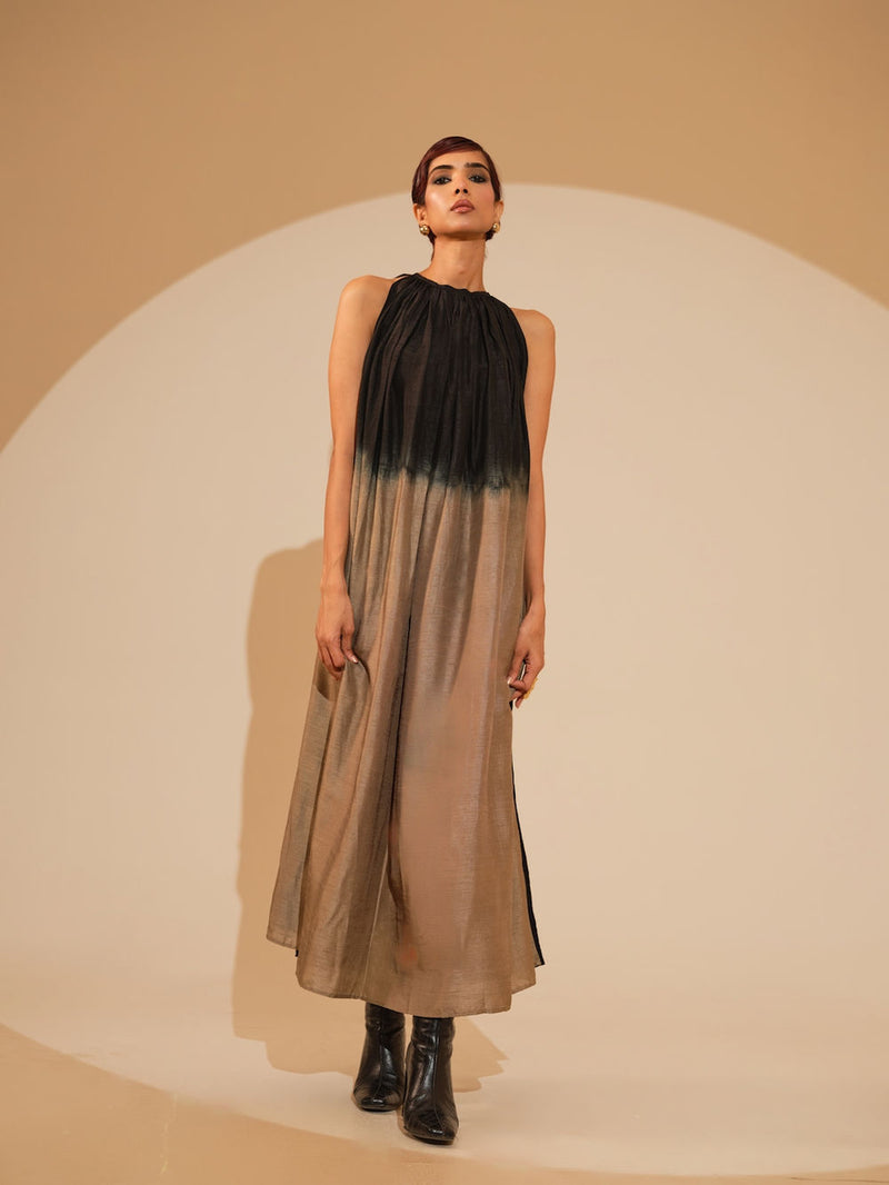 Retain Dress-Black + Grey mysore silk dress by Stoique in black, grey for women Worldwide