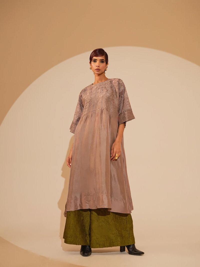 Sprout Tunic-Taupe crushed silk tunics/kaftan by Stoique in taupe for women Worldwide