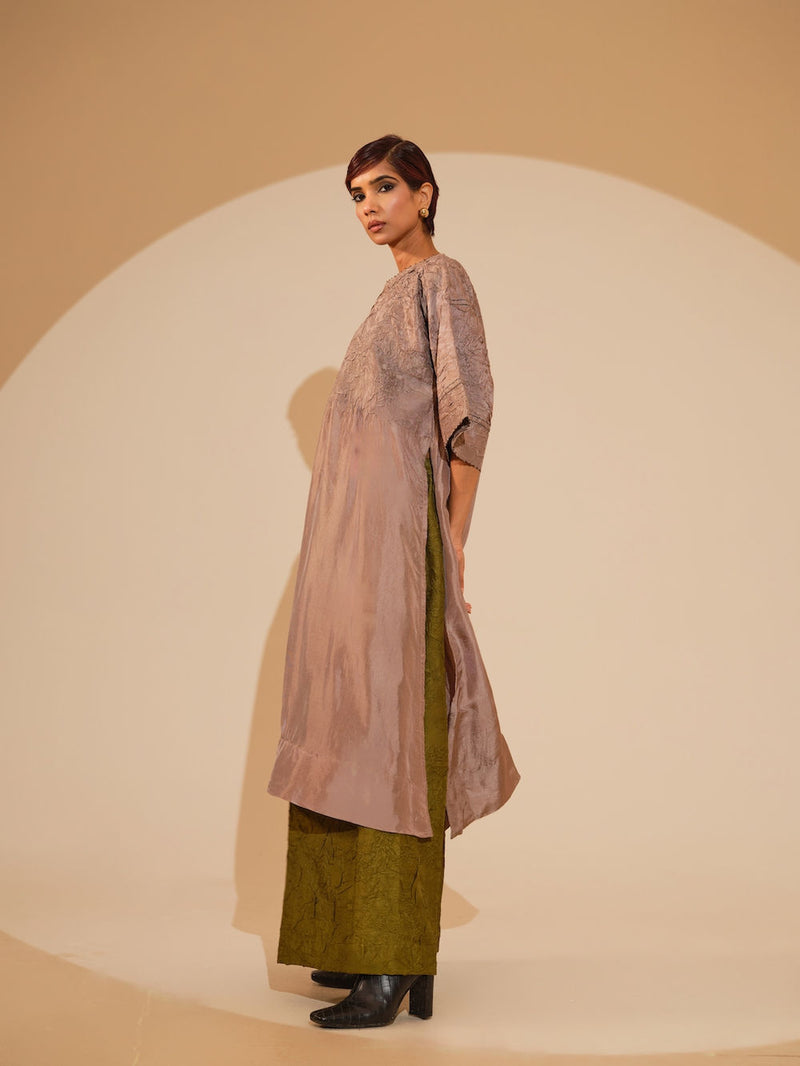 Sprout Tunic-Taupe crushed silk tunics/kaftan by Stoique in taupe for women Worldwide