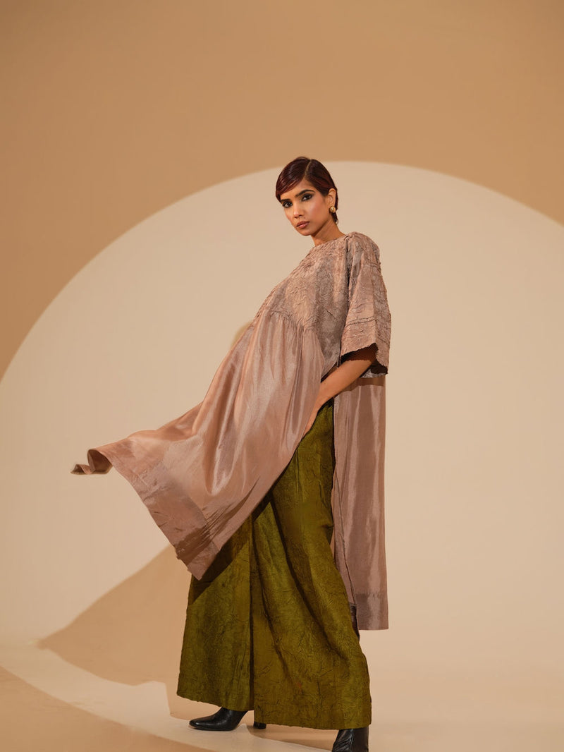 Sprout Tunic-Taupe crushed silk tunics/kaftan by Stoique in taupe for women Worldwide
