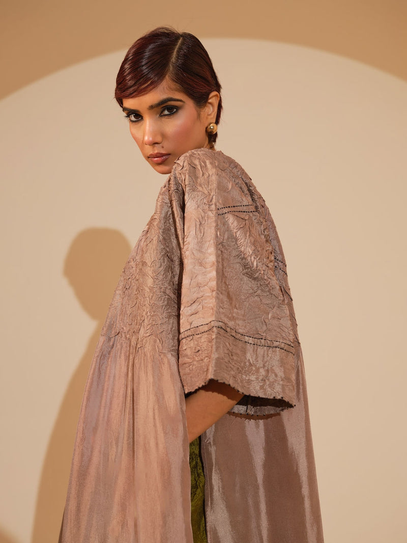 Sprout Tunic-Taupe crushed silk tunics/kaftan by Stoique in taupe for women Worldwide