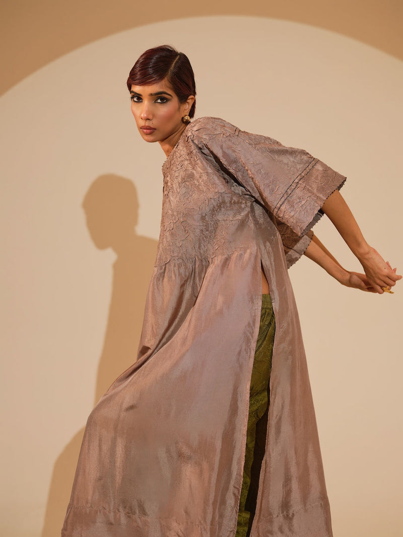 Sprout Tunic-Taupe crushed silk tunics/kaftan by Stoique in taupe for women Worldwide