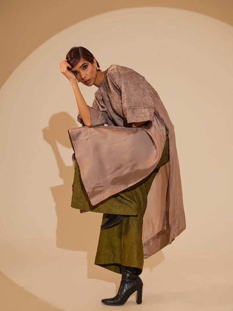Sprout Tunic-Taupe crushed silk tunics/kaftan by Stoique in taupe for women Worldwide