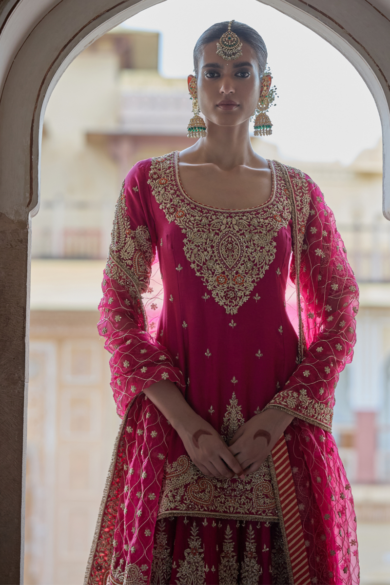 Alina - Dabka Zardozi Embroidered Silk Hotpink Sharara Set silk by SHEETAL BATRA in pink color for women Worldwide