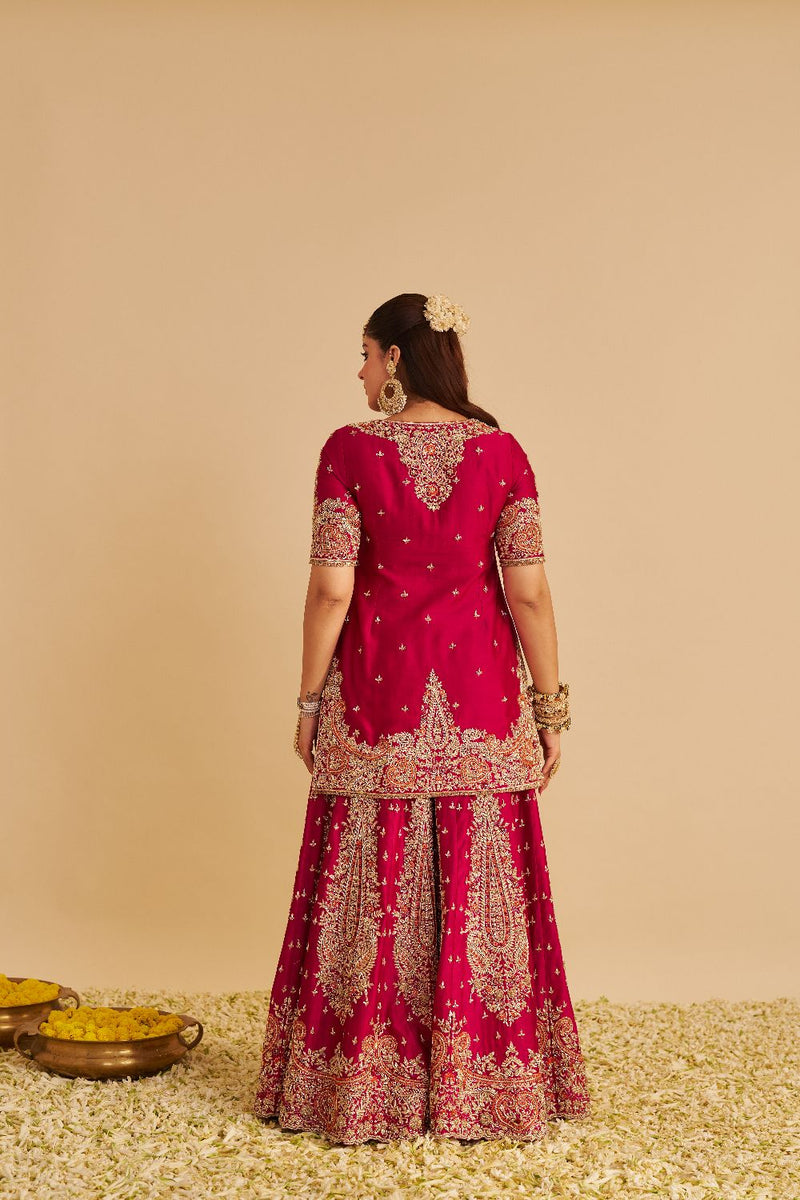 Alina - Dabka Zardozi Embroidered Silk Hotpink Sharara Set silk by SHEETAL BATRA in pink color for women Worldwide