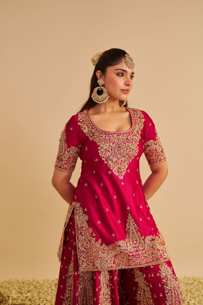 Alina - Dabka Zardozi Embroidered Silk Hotpink Sharara Set silk by SHEETAL BATRA in pink color for women Worldwide