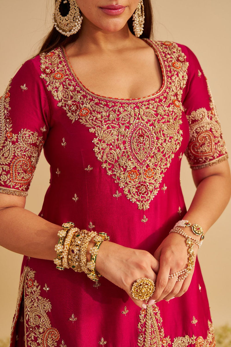 Alina - Dabka Zardozi Embroidered Silk Hotpink Sharara Set silk by SHEETAL BATRA in pink color for women Worldwide