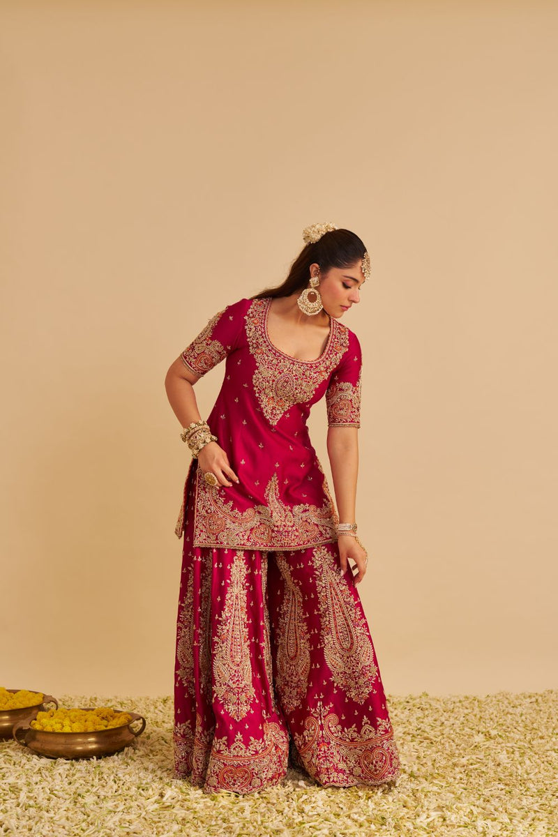 Alina - Dabka Zardozi Embroidered Silk Hotpink Sharara Set silk by SHEETAL BATRA in pink color for women Worldwide