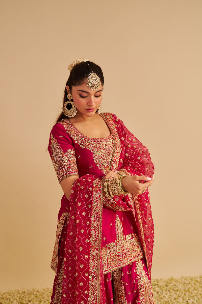 Alina - Dabka Zardozi Embroidered Silk Hotpink Sharara Set silk by SHEETAL BATRA in pink color for women Worldwide
