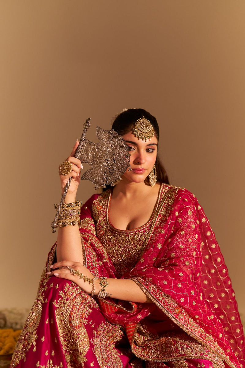 Alina - Dabka Zardozi Embroidered Silk Hotpink Sharara Set silk by SHEETAL BATRA in pink color for women Worldwide