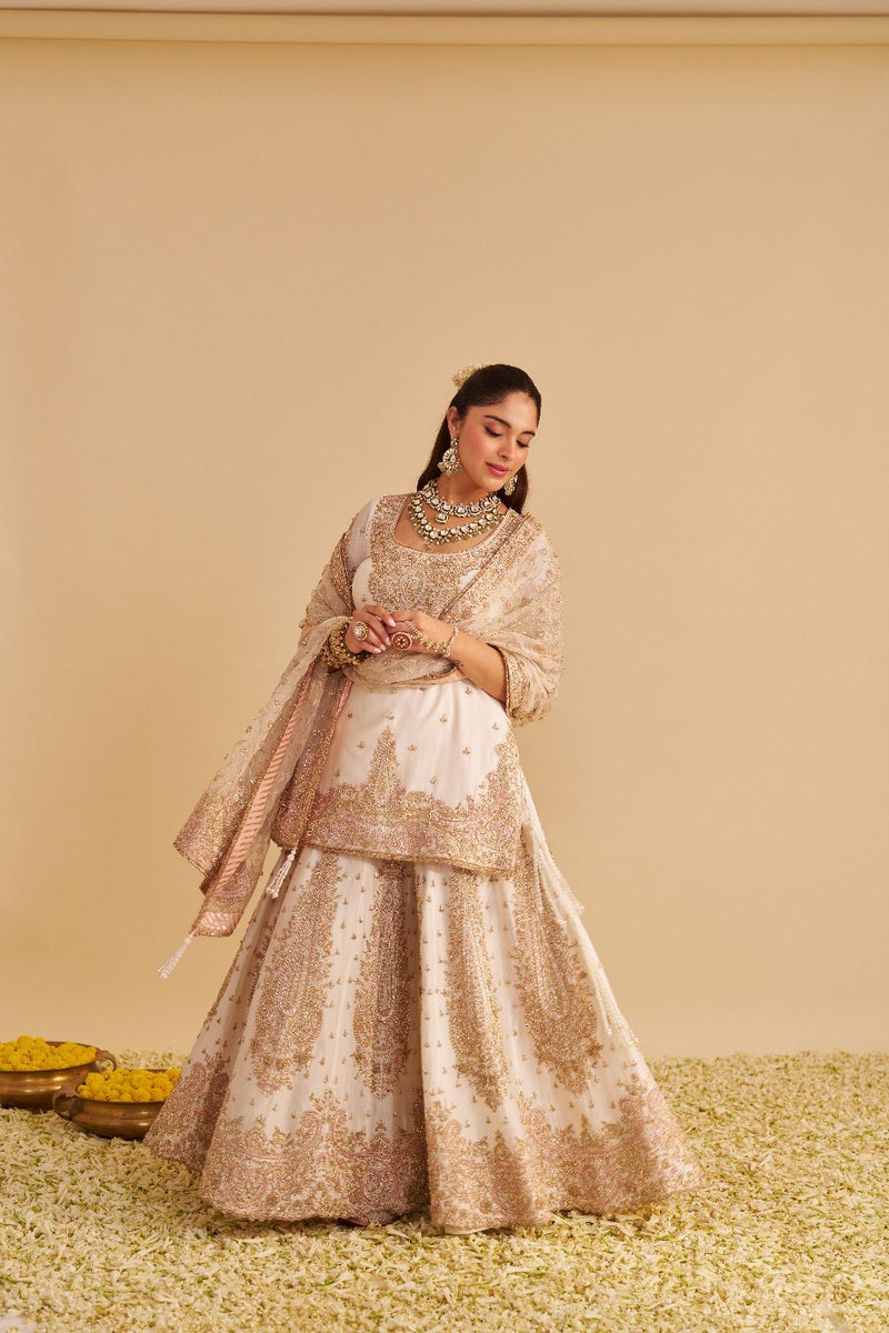 Alina - Dabka Zardozi Embroidered Silk Daisy Ivory Sharara Set silk by SHEETAL BATRA in ivory color for women Worldwide
