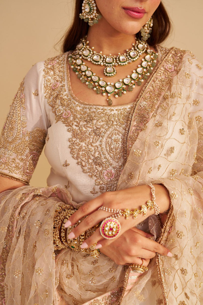 Alina - Dabka Zardozi Embroidered Silk Daisy Ivory Sharara Set silk by SHEETAL BATRA in ivory color for women Worldwide