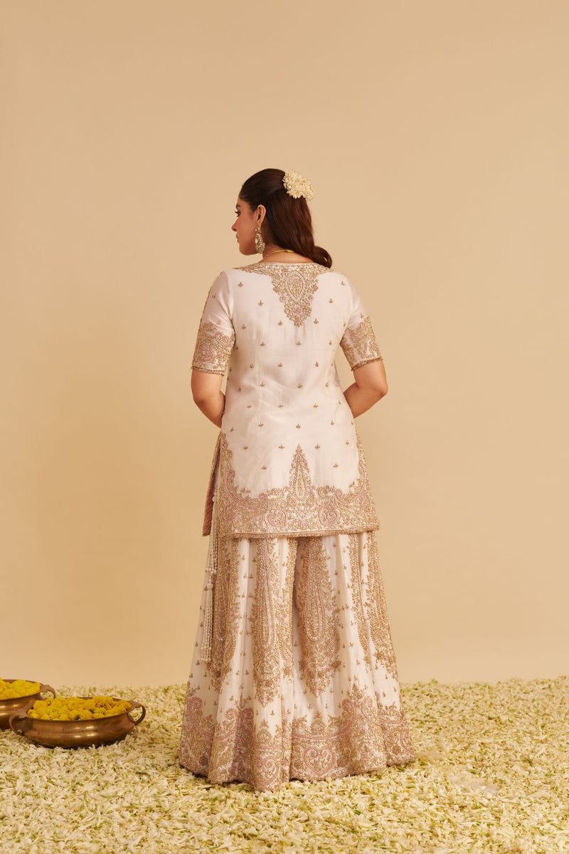 Alina - Dabka Zardozi Embroidered Silk Daisy Ivory Sharara Set silk by SHEETAL BATRA in ivory color for women Worldwide