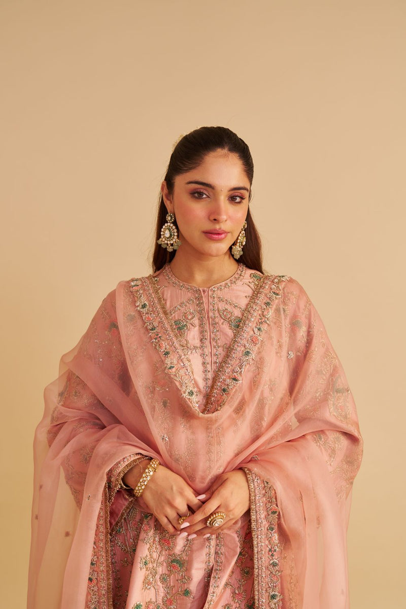 Alira - Dabka Zardozi Embroidered Blush Pink Kurta & Salwar with Dupatta silk by SHEETAL BATRA in blush color for women Worldwide