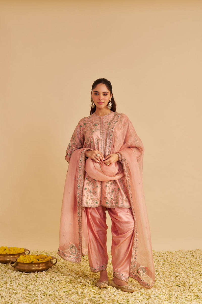 Alira - Dabka Zardozi Embroidered Blush Pink Kurta & Salwar with Dupatta silk by SHEETAL BATRA in blush color for women Worldwide