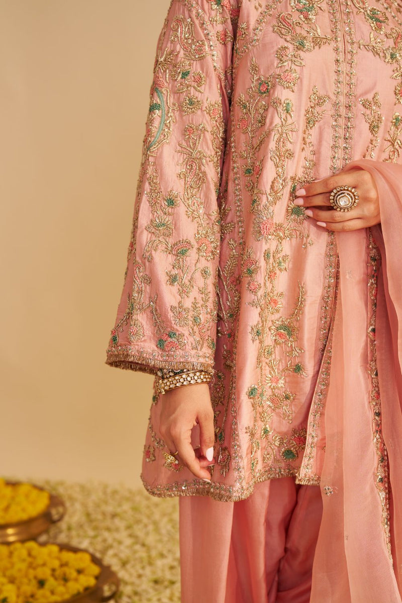 Alira - Dabka Zardozi Embroidered Blush Pink Kurta & Salwar with Dupatta silk by SHEETAL BATRA in blush color for women Worldwide
