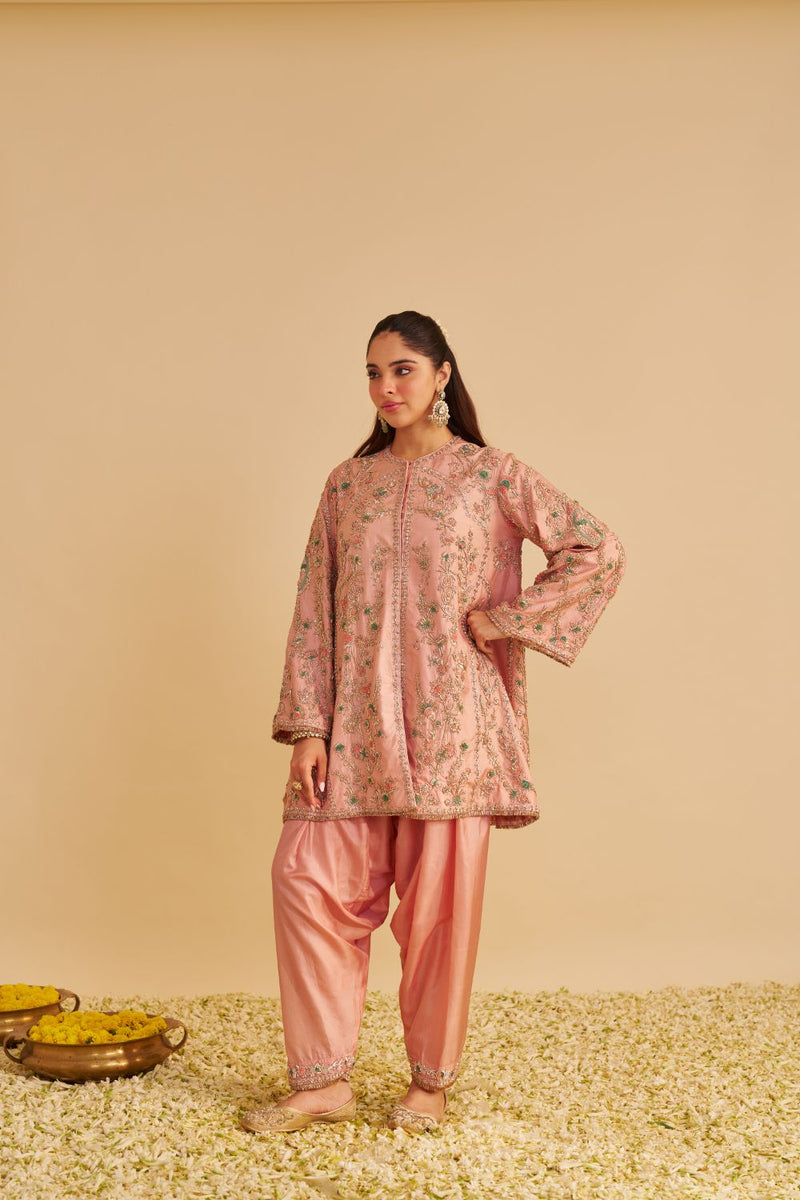 Alira - Dabka Zardozi Embroidered Blush Pink Kurta & Salwar with Dupatta silk by SHEETAL BATRA in blush color for women Worldwide