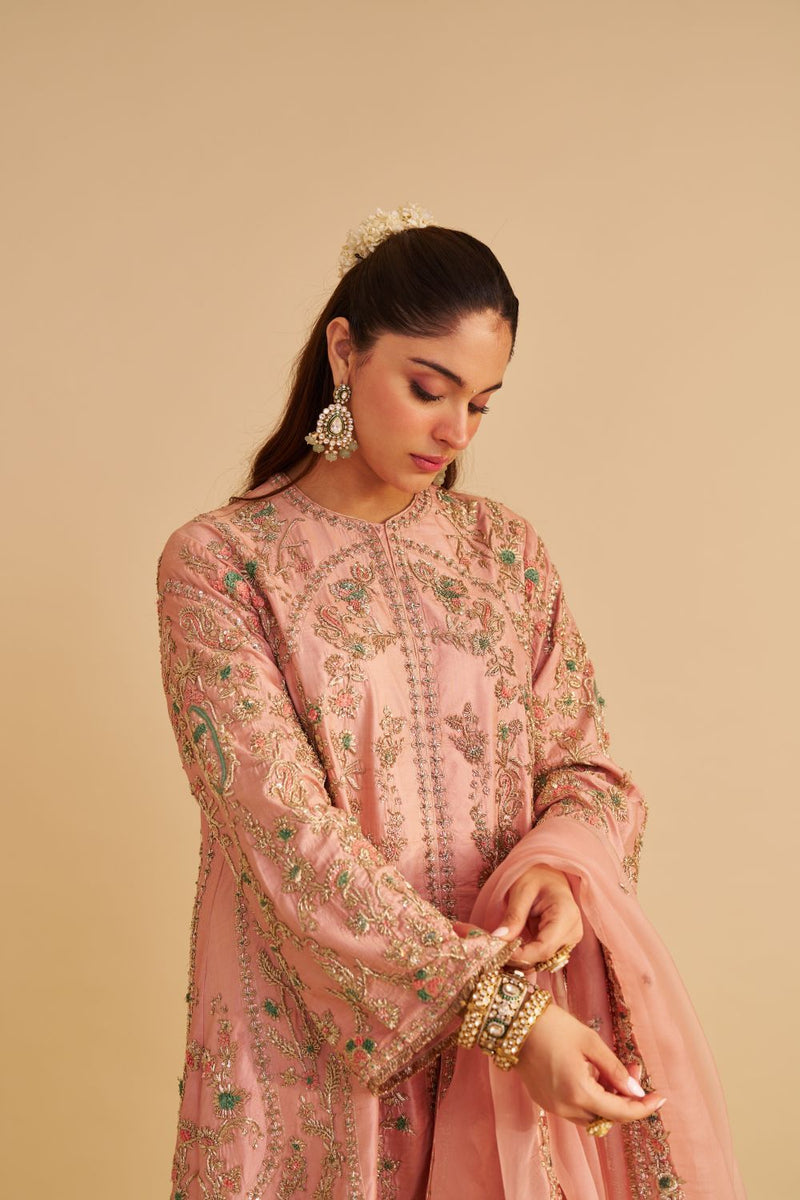 Alira - Dabka Zardozi Embroidered Blush Pink Kurta & Salwar with Dupatta silk by SHEETAL BATRA in blush color for women Worldwide