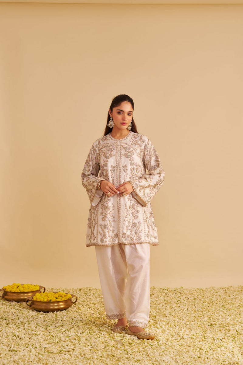 Alira - Dabka Zardozi Embroidered Daisy Ivory Kurta & Salwar with Dupatta silk by SHEETAL BATRA in ivory color for women Worldwide