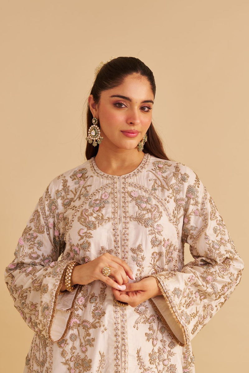 Alira - Dabka Zardozi Embroidered Daisy Ivory Kurta & Salwar with Dupatta silk by SHEETAL BATRA in ivory color for women Worldwide