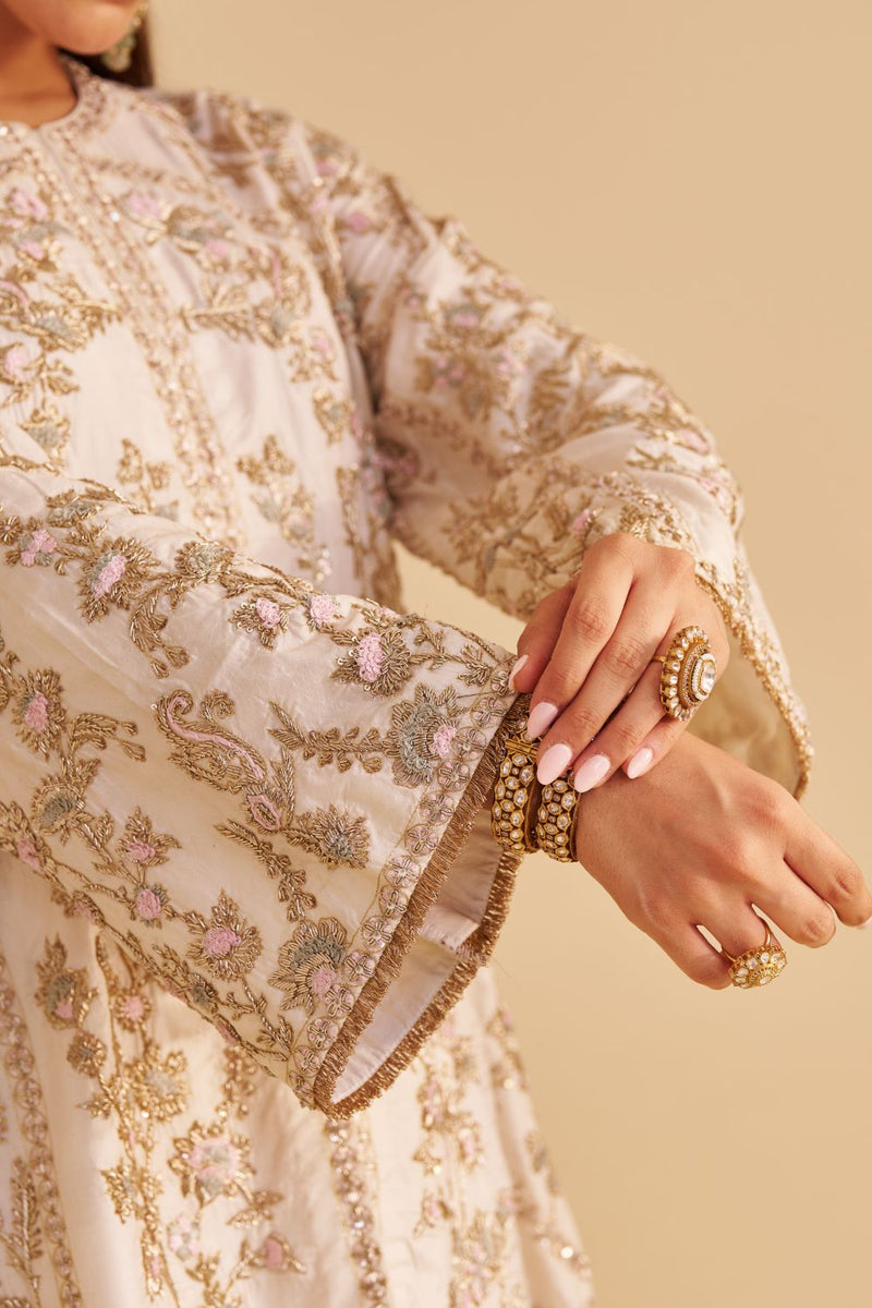 Alira - Dabka Zardozi Embroidered Daisy Ivory Kurta & Salwar with Dupatta silk by SHEETAL BATRA in ivory color for women Worldwide
