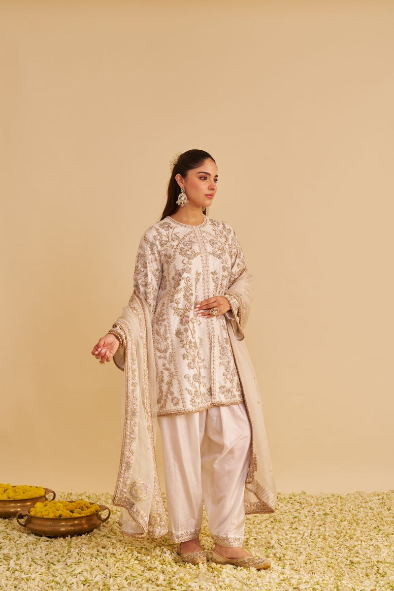 Alira - Dabka Zardozi Embroidered Daisy Ivory Kurta & Salwar with Dupatta silk by SHEETAL BATRA in ivory color for women Worldwide