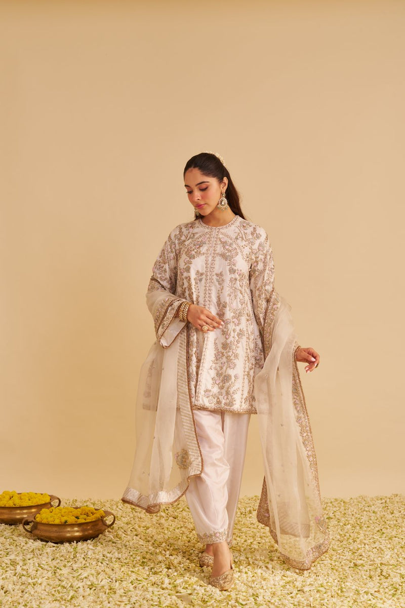 Alira - Dabka Zardozi Embroidered Daisy Ivory Kurta & Salwar with Dupatta silk by SHEETAL BATRA in ivory color for women Worldwide