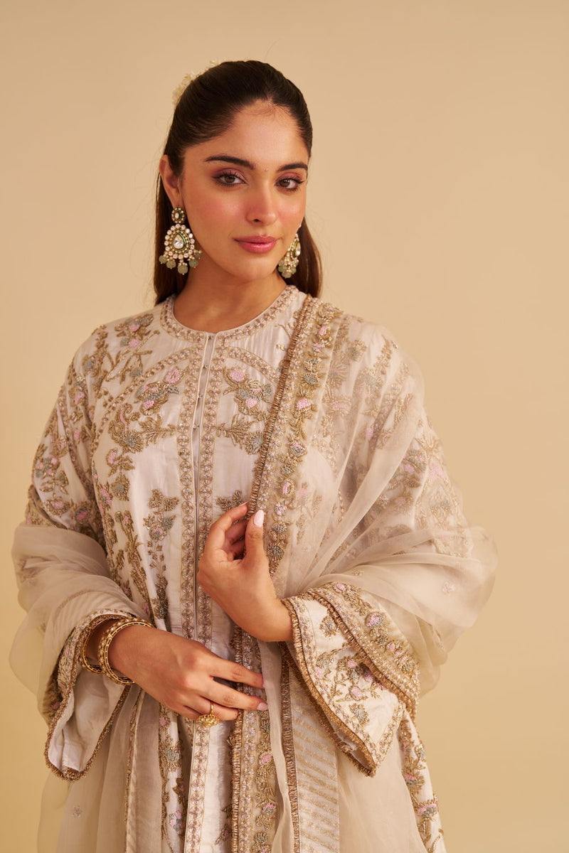 Alira - Dabka Zardozi Embroidered Daisy Ivory Kurta & Salwar with Dupatta silk by SHEETAL BATRA in ivory color for women Worldwide