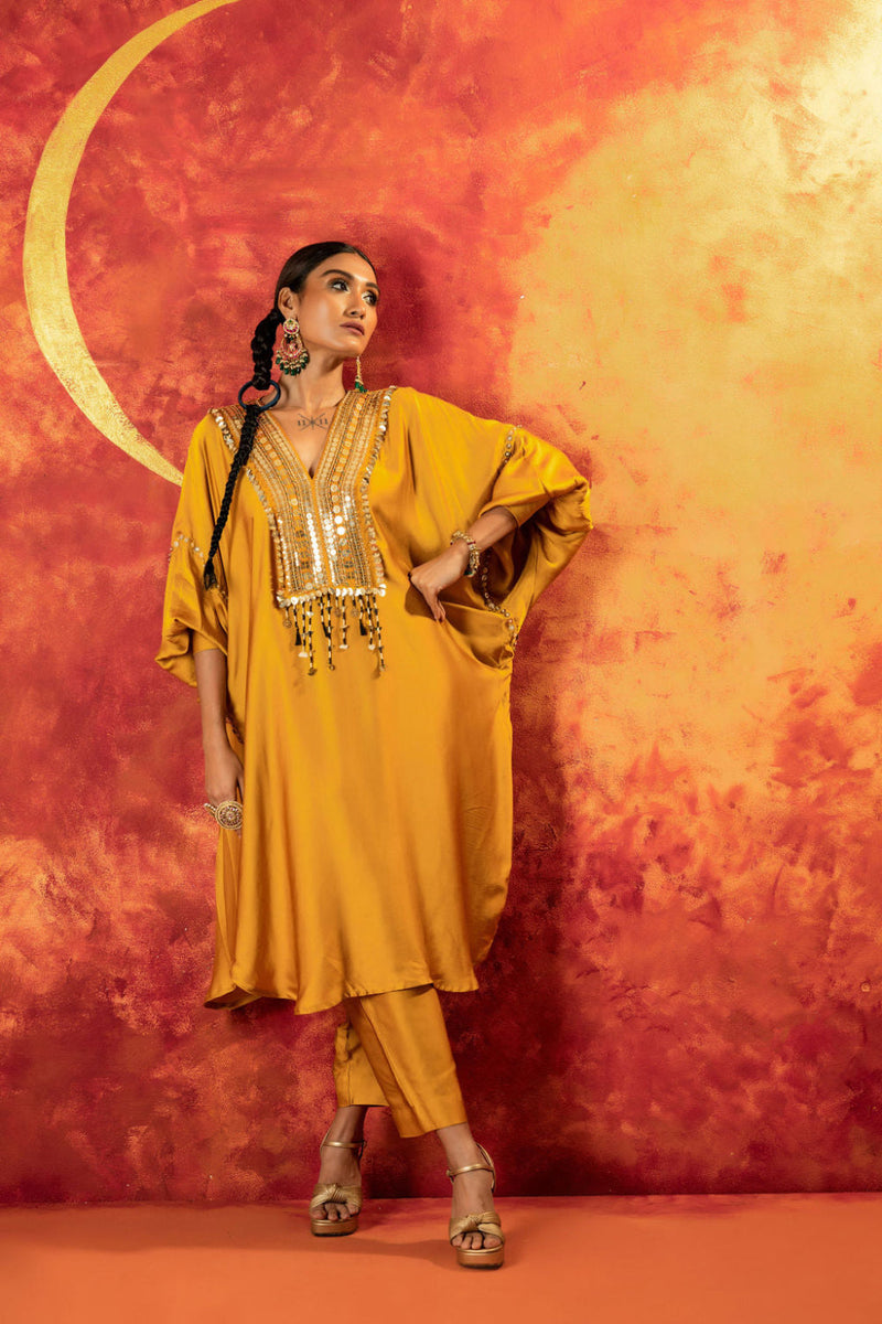 Mahi Mustard AntiFit Kurta with Pant satin by PRAHNAAYA in yellow color for women Worldwide