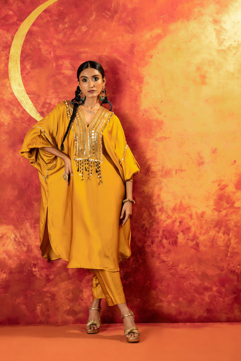 Mahi Mustard AntiFit Kurta with Pant satin by PRAHNAAYA in yellow color for women Worldwide