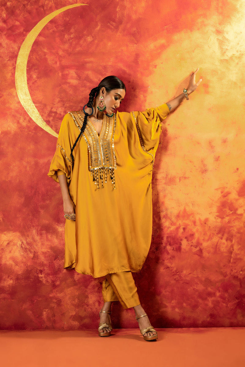 Mahi Mustard AntiFit Kurta with Pant satin by PRAHNAAYA in yellow color for women Worldwide