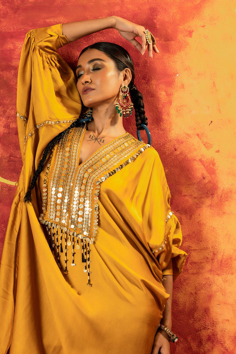Mahi Mustard AntiFit Kurta with Pant satin by PRAHNAAYA in yellow color for women Worldwide