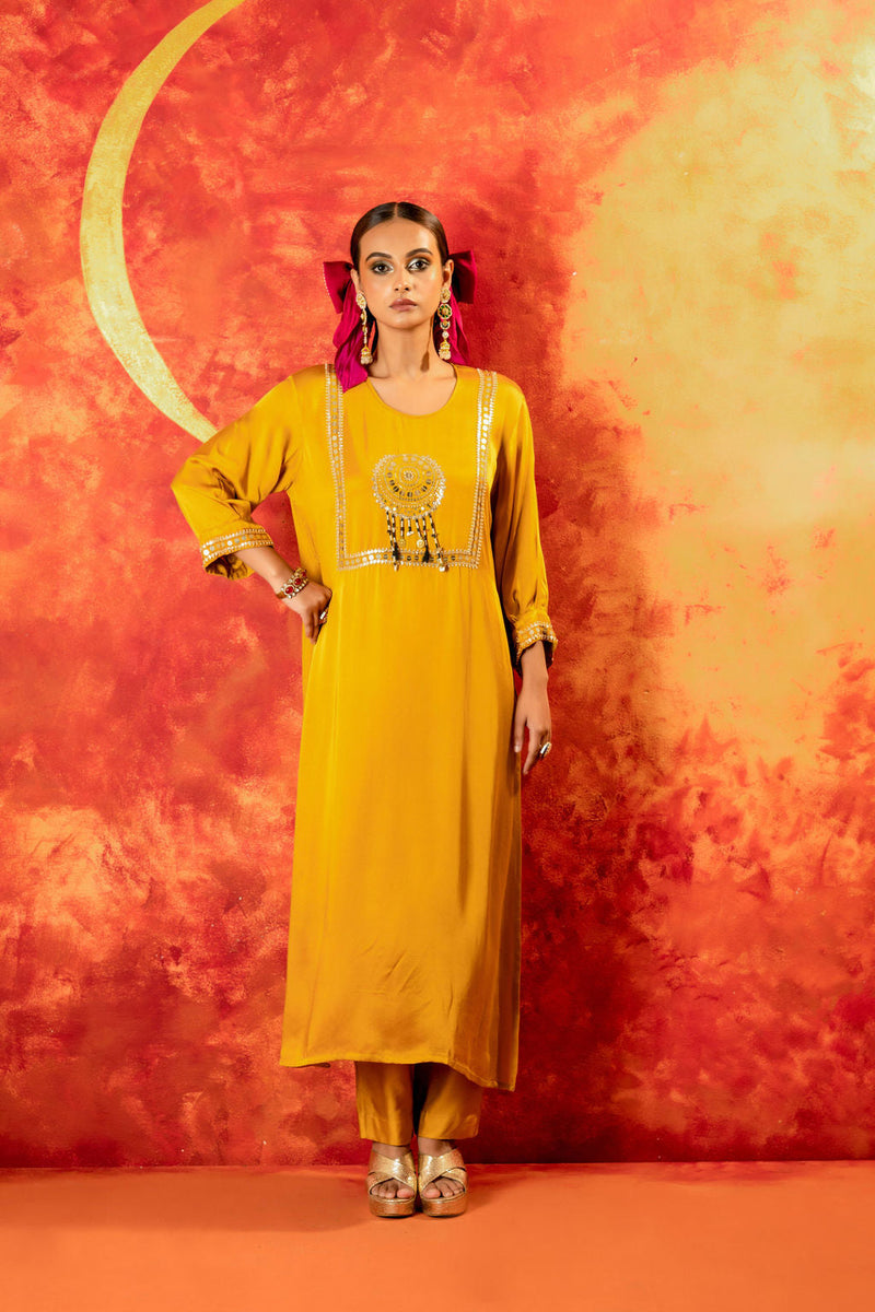 Mahi Mustard Straight Kurta Set with Coord Dupatta satin by PRAHNAAYA in yellow color for women Worldwide