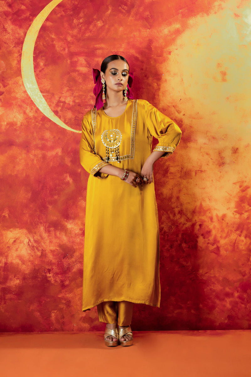 Mahi Mustard Straight Kurta Set with Coord Dupatta satin by PRAHNAAYA in yellow color for women Worldwide