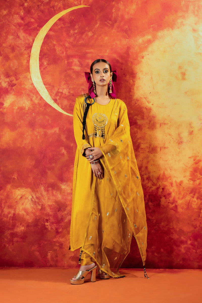 Mahi Mustard Straight Kurta Set with Coord Dupatta satin by PRAHNAAYA in yellow color for women Worldwide