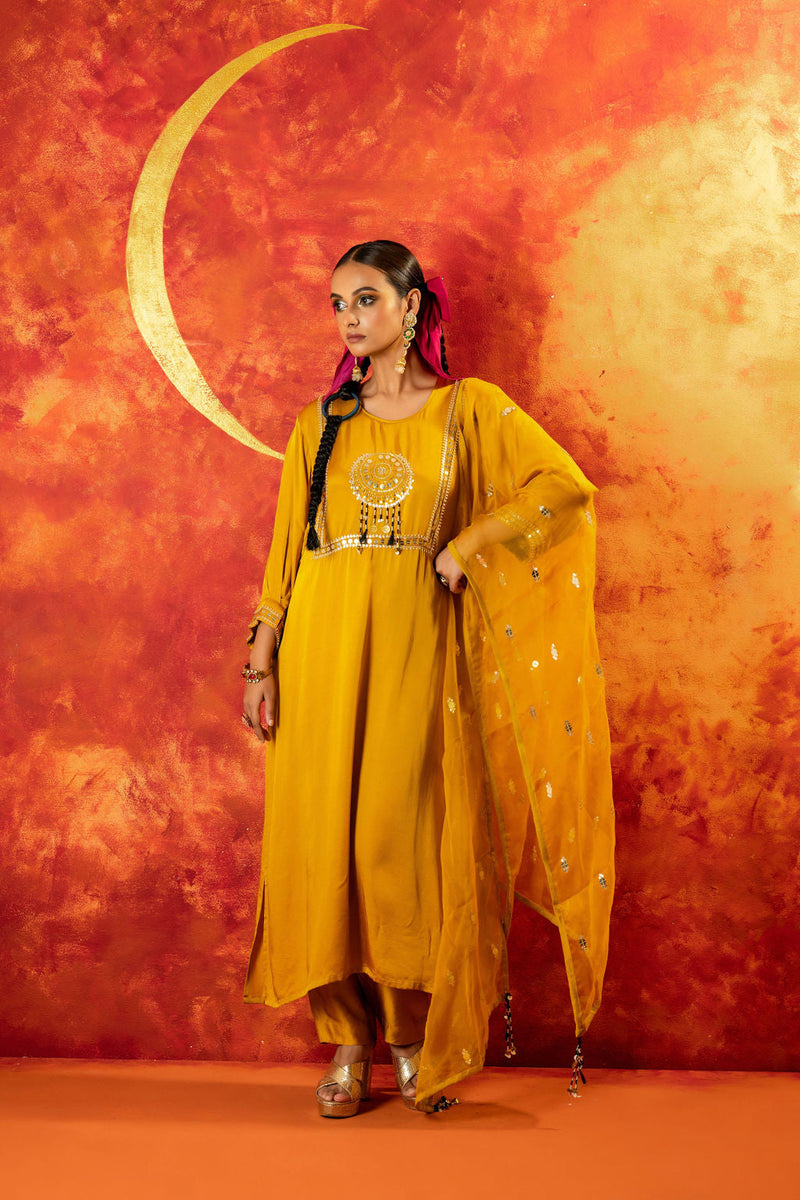 Mahi Mustard Straight Kurta Set with Coord Dupatta satin by PRAHNAAYA in yellow color for women Worldwide