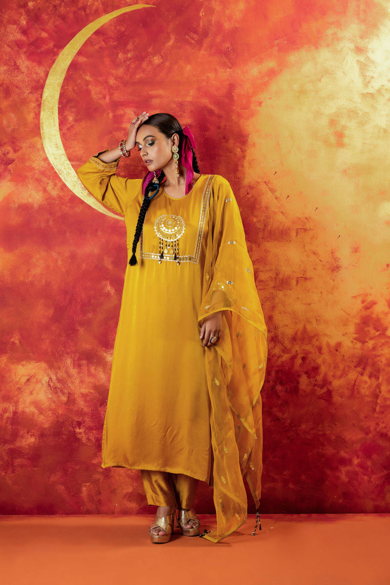 Mahi Mustard Straight Kurta Set with Coord Dupatta satin by PRAHNAAYA in yellow color for women Worldwide