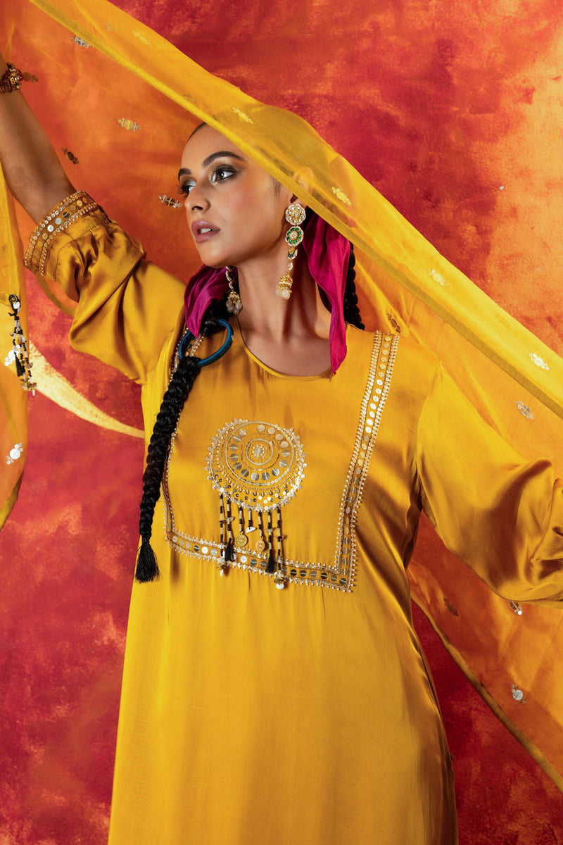 Mahi Mustard Straight Kurta Set with Coord Dupatta satin by PRAHNAAYA in yellow color for women Worldwide