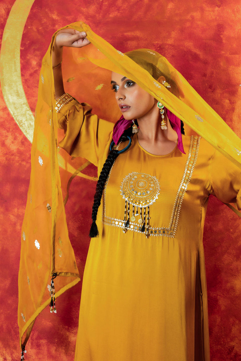 Mahi Mustard Straight Kurta Set with Coord Dupatta satin by PRAHNAAYA in yellow color for women Worldwide