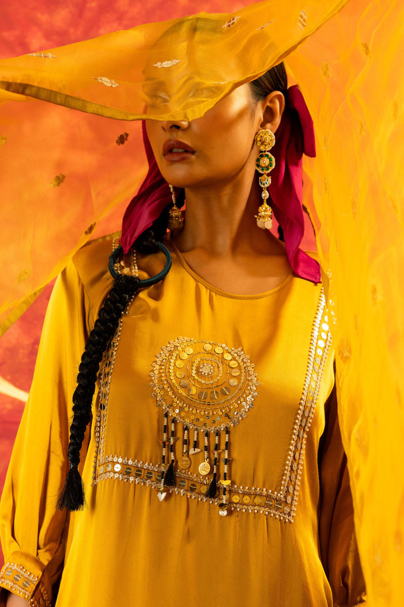 Mahi Mustard Straight Kurta Set with Coord Dupatta satin by PRAHNAAYA in yellow color for women Worldwide