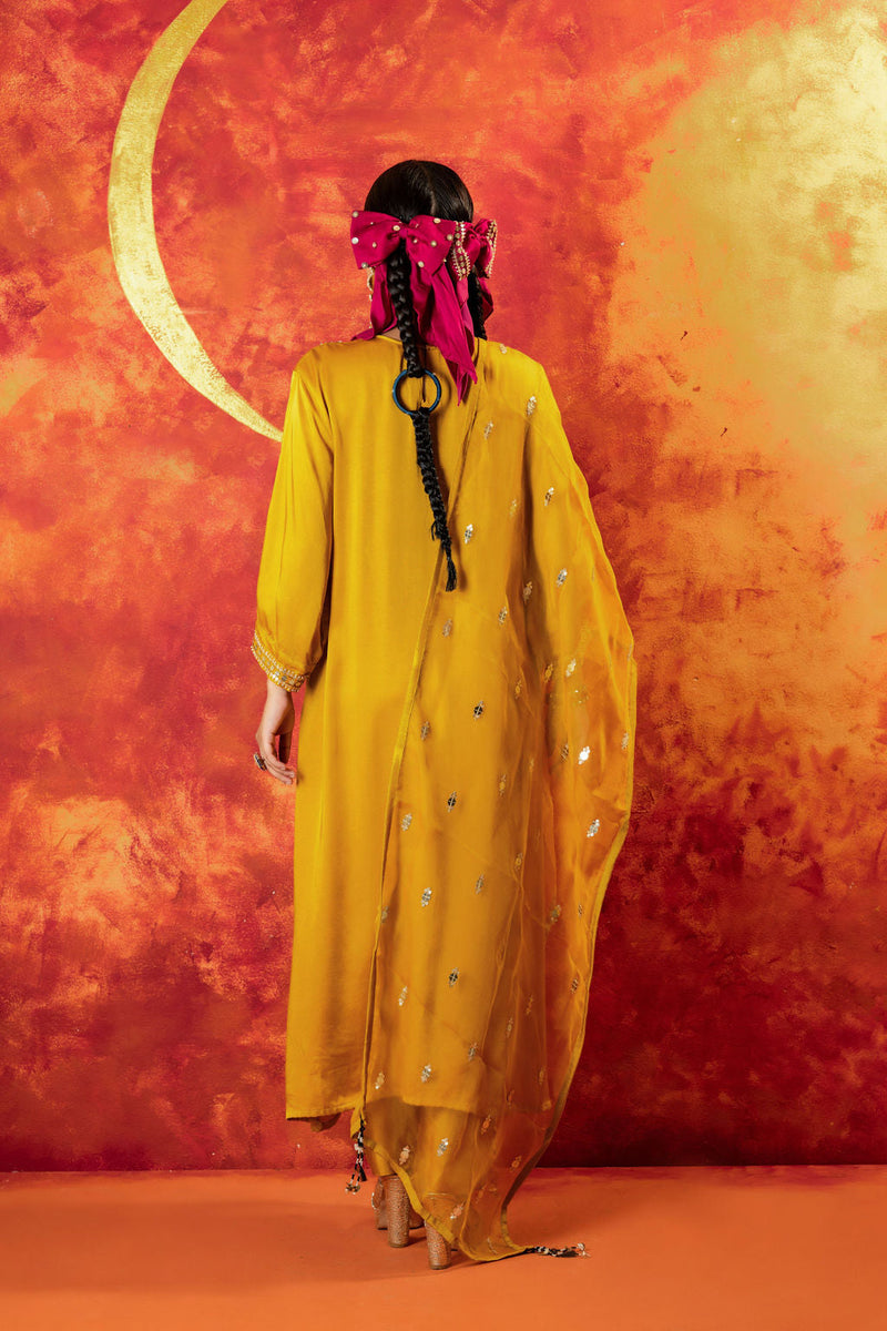 Mahi Mustard Straight Kurta Set with Coord Dupatta satin by PRAHNAAYA in yellow color for women Worldwide