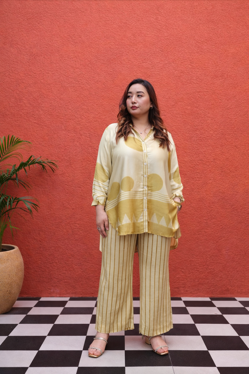 OHSO Organic Mustard Shirt Coord Set satin by PRAHNAAYA in yellow color for women Worldwide